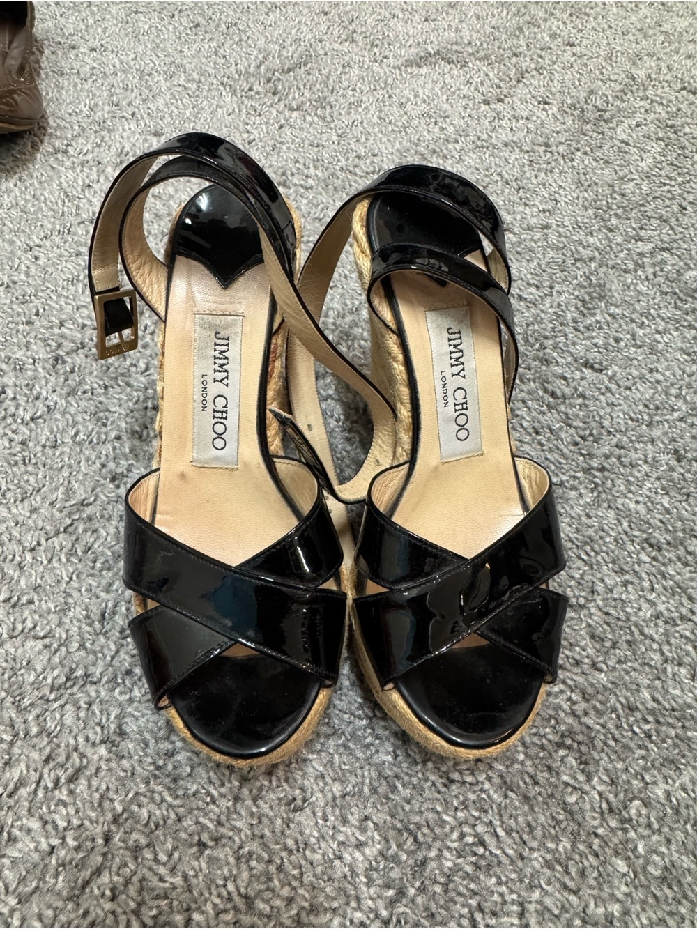 Jimmy Choo Black Patent Leather Espadrille Wedge Sandals